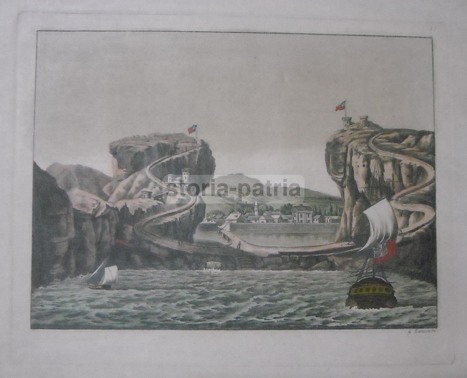 Antica Veduta, Marineria, Velieri, Paesaggio Con Fortificazioni, Bandiere, Santelena immagine 2