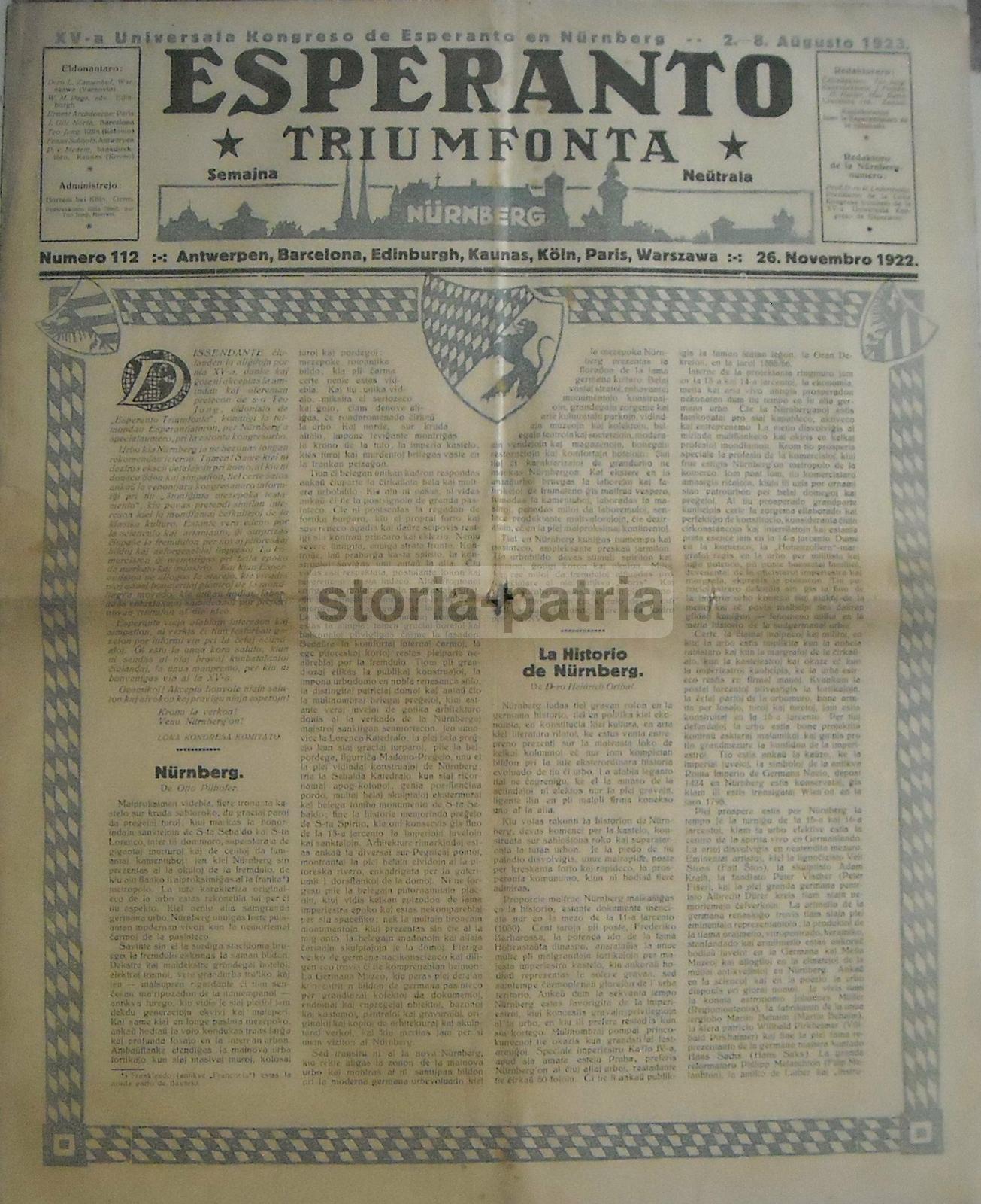 Antico Giornale, 1922, Esperanto Triumfonta, Nurberg, Araldica, Illustrato, Pubblicita immagine 1