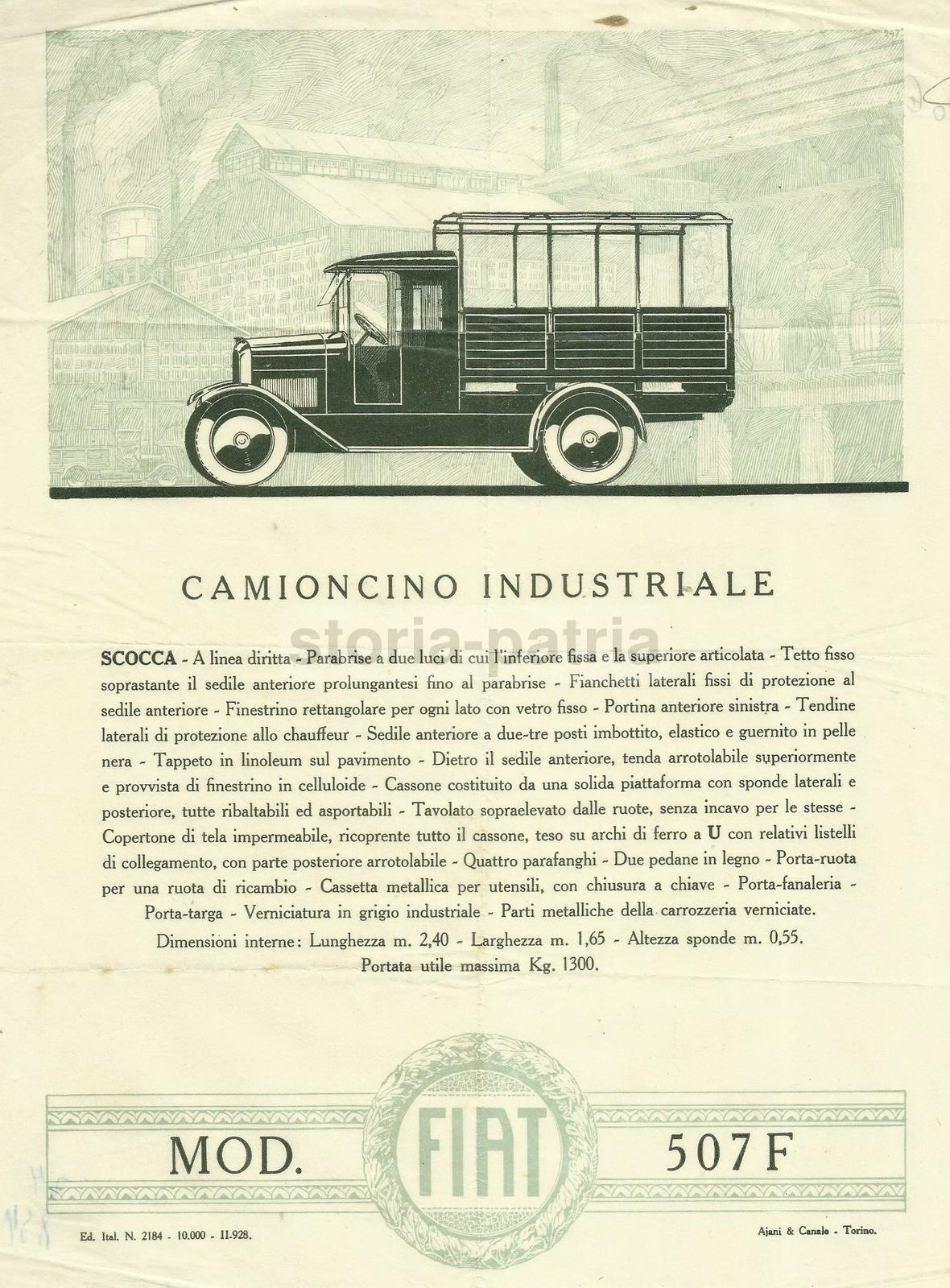Camioncino Industriale, Fiat 507 F, Antica E Rara Stampa Pubblicitaria, Depliant immagine 1