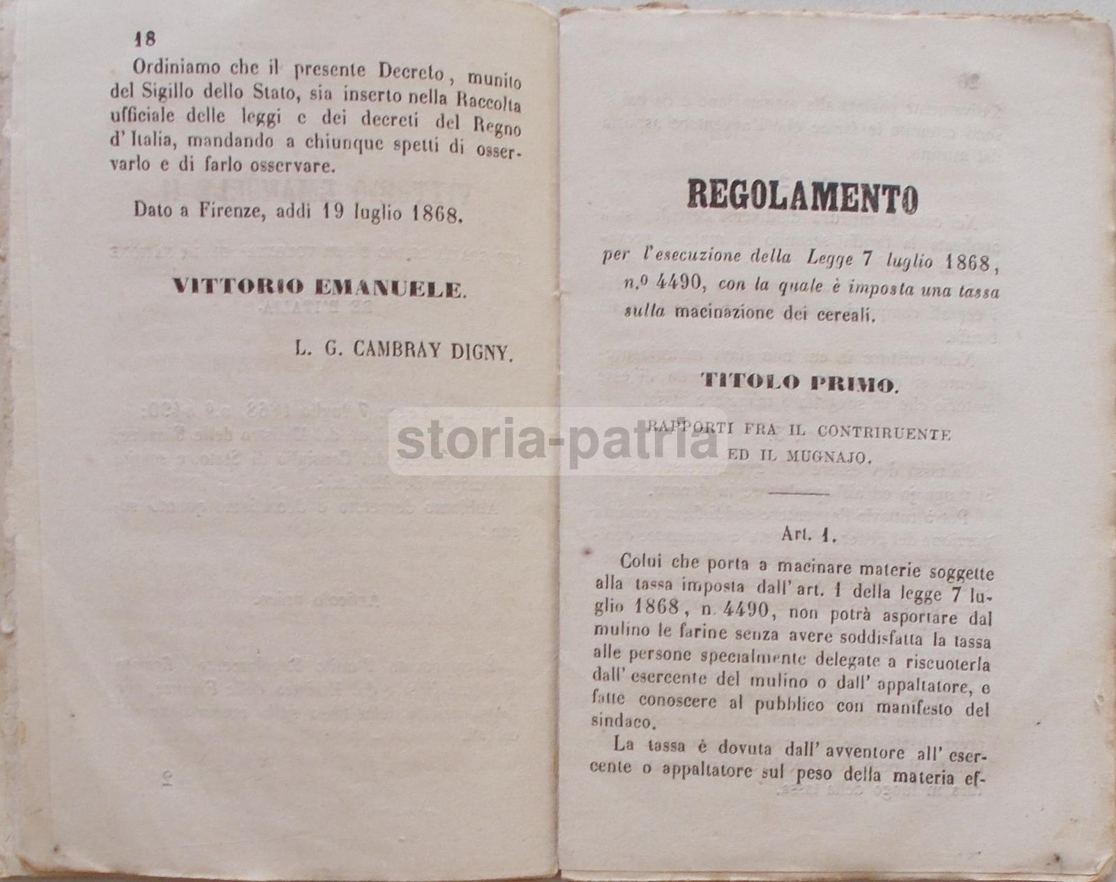 Giuridica, Legislazione, Agraria, Cereali, Farine, Mulini, Macinazione, 1868, Firenze immagine 3