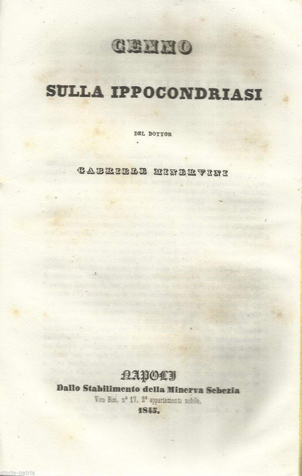 Medicina, Neurologia, Psichiatria, Ipocondria, Melanconia, Meteorismo, Minervini, 1845 immagine 1