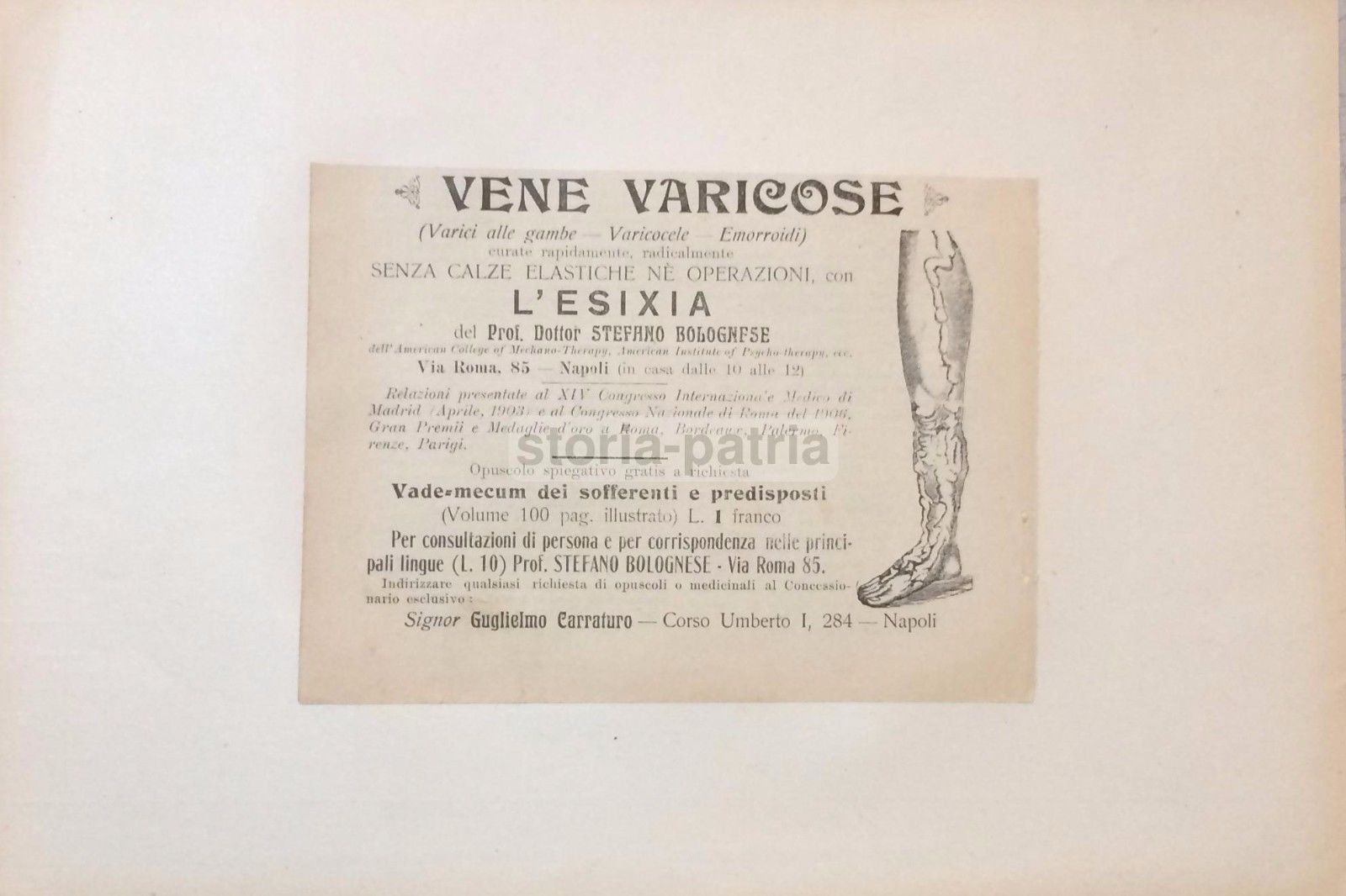 Napoli, Antica Pubblicitaria, Medicina, Vene Varicose, Esixia, Dr Bolognese, Carraturo immagine 1