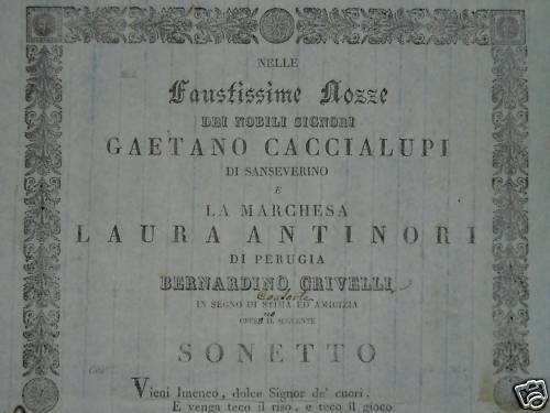 Perugia, Macerata, Raro Antico Foglio Volante, Nozze, Caccialupi, Antinori, Crivelli immagine 1