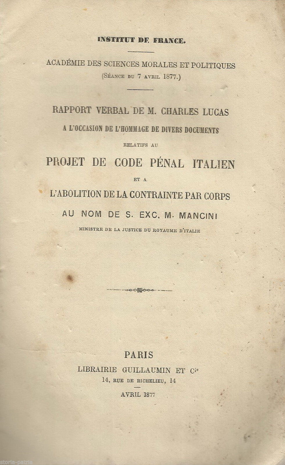 Politica, Giuridica, Progetto Di Codice Penale, Pena Di Morte, Mancini, Lucas, 1877 immagine 1
