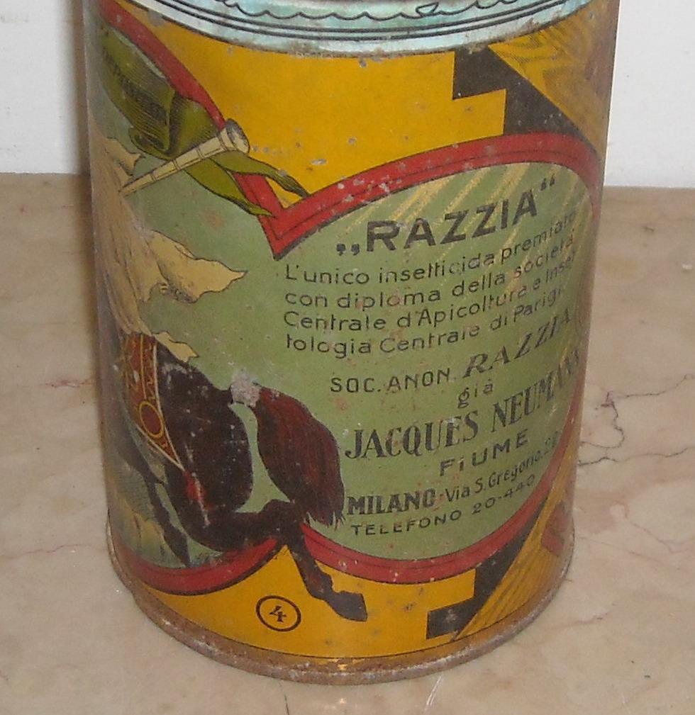Raro Antico Barattolo In Latta, Insetticida Razzia, Neumann, Fiume, Milano, Araldica immagine 1
