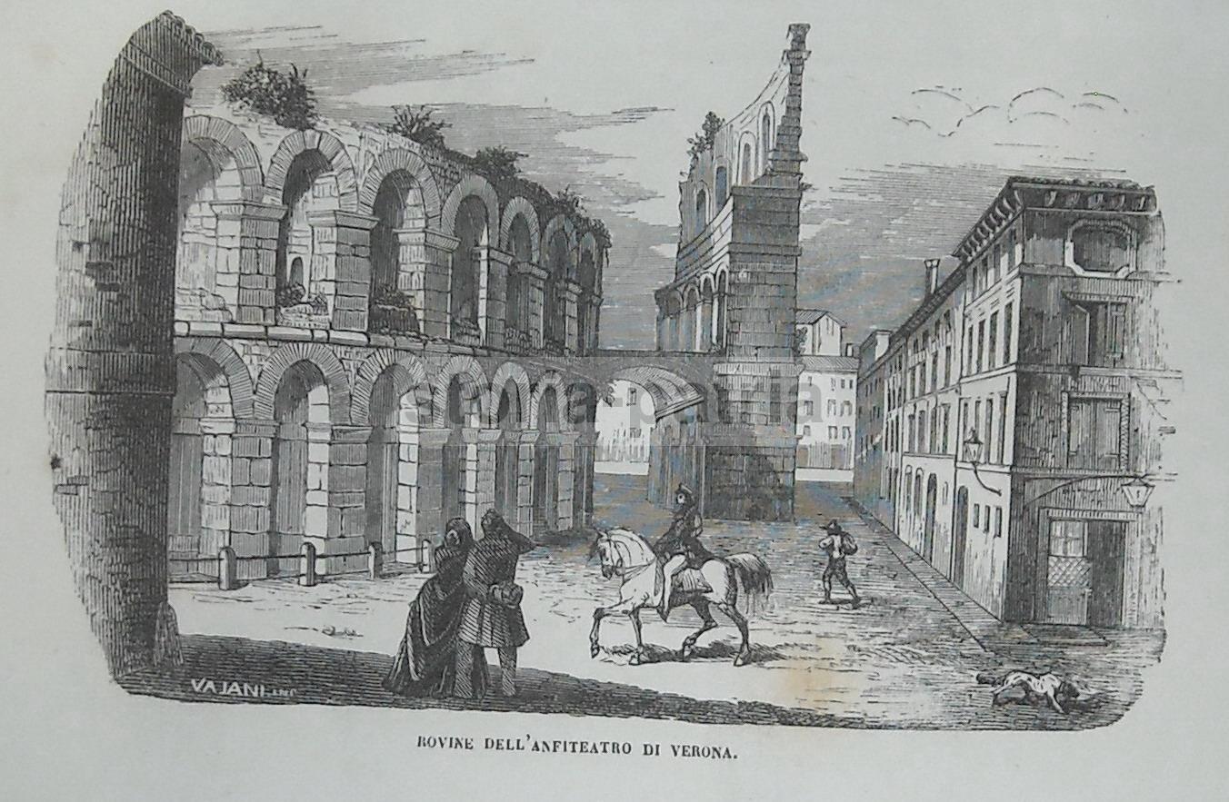 Teatro, Anfiteatro, Spettacoli, Antiche Rovine, Animata Veduta Di Verona, Stampa, 800 immagine 2