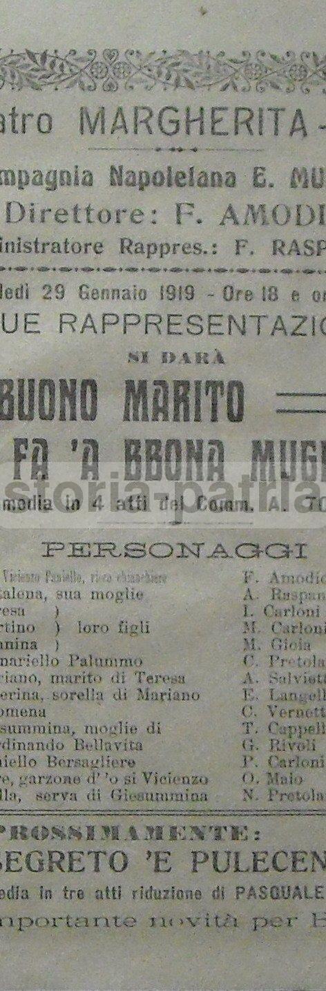 Teatro Margherita, Bari, Commedia Napoletana, Murolo, Amodio, Raspantini, Torelli, 1919 immagine 1
