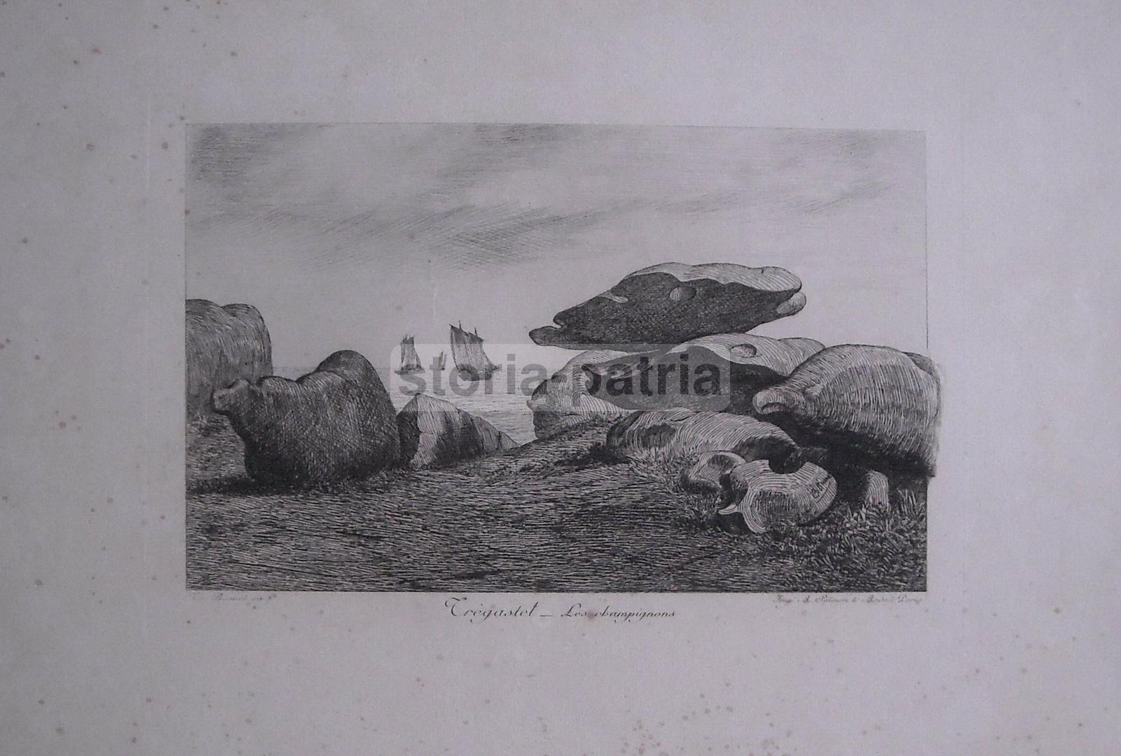 Tregastel, Champignons, Antica Suggestiva Incisione, Artista Busnel, Salmon Ardail immagine 1